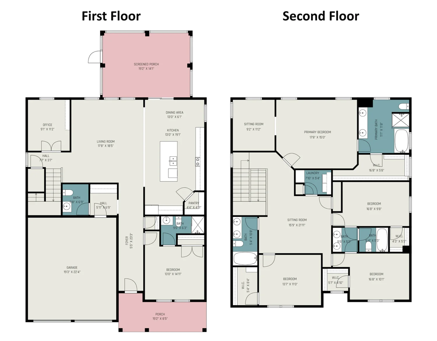 Floor plan of the first and second floors, with the screened porch, garage, and room layout