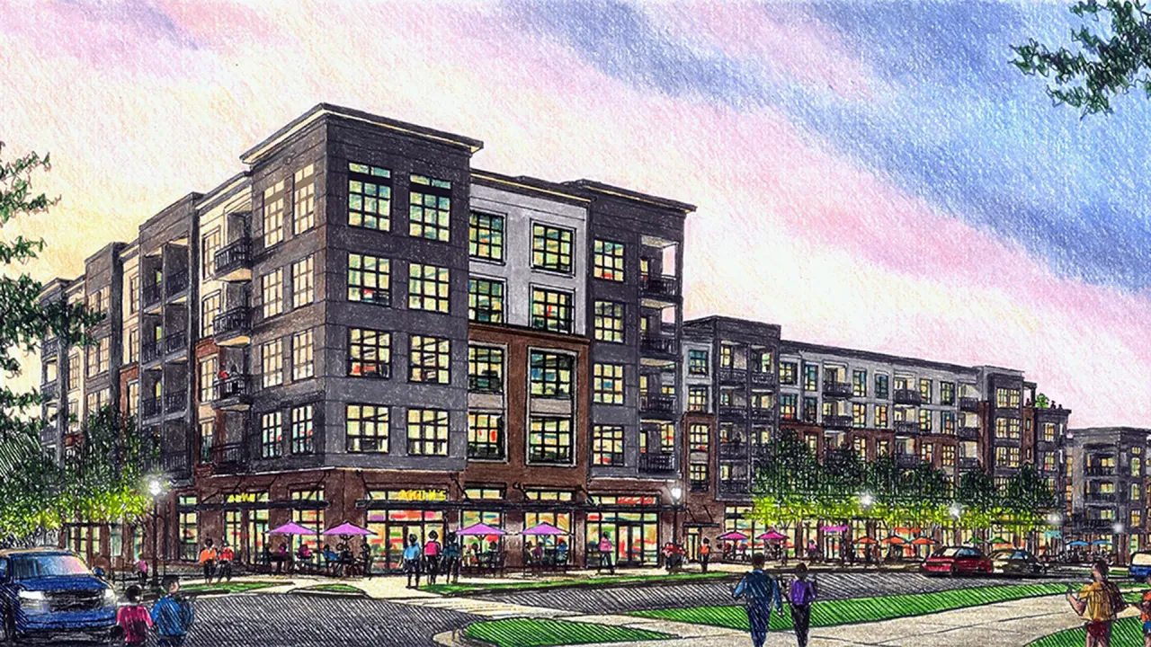 Colored pencil rendering of a mixed-use apartment building with ground-floor shops and outdoor seating at Eastland Yards in east Charlotte