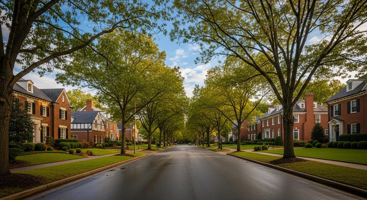 A tree-lined street with homes in Cotswold, Charlotte