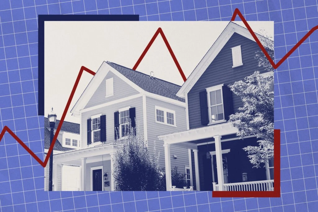 An illustration of two houses with a red line chart rising and falling behind them