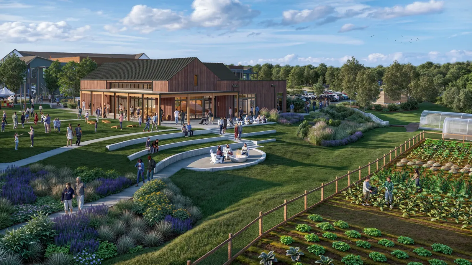 Rendering of Forge Village at The River District in west Charlotte, with a working farm, lawn pavilion, and fire pit