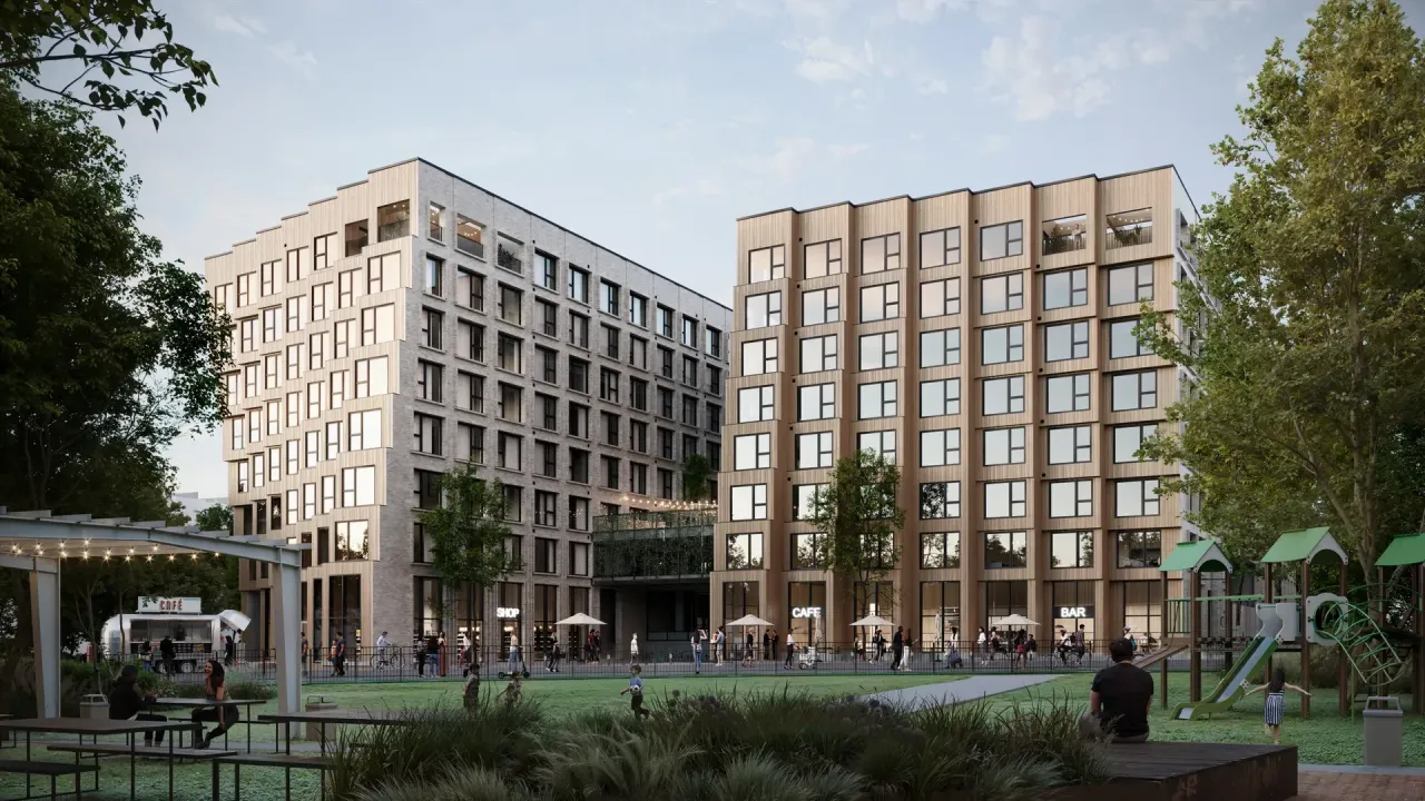 Rendering of Mira, an eight-story apartment building with ground-floor shops, a cafe, and a bar facing a park with a playground