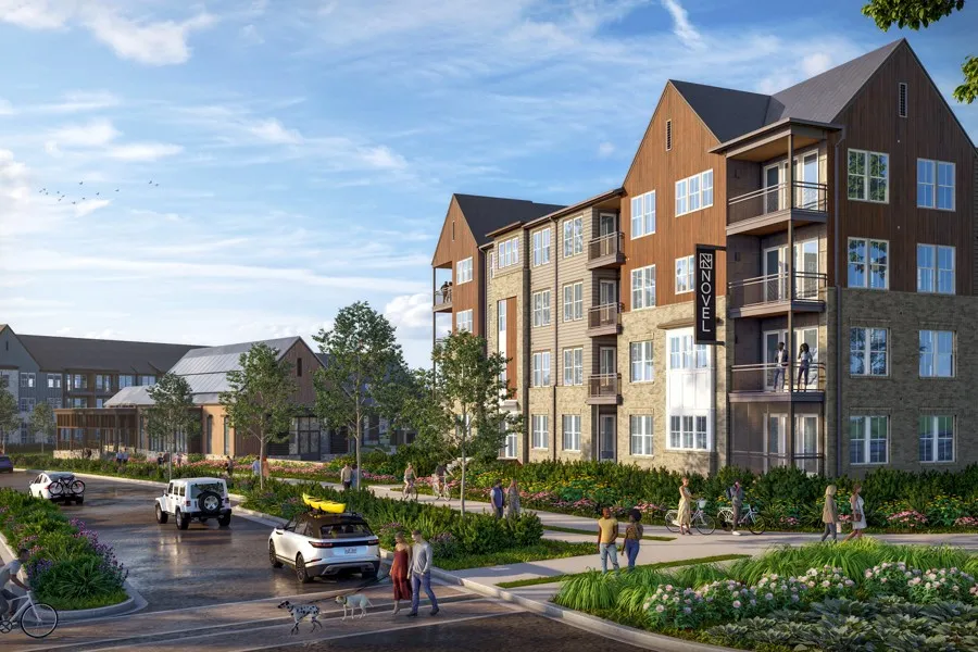 Rendering of the NOVEL River District apartment building beside a tree-lined street with a bike path